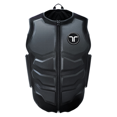 VR player wearing haptic vest closed in location based VR experience